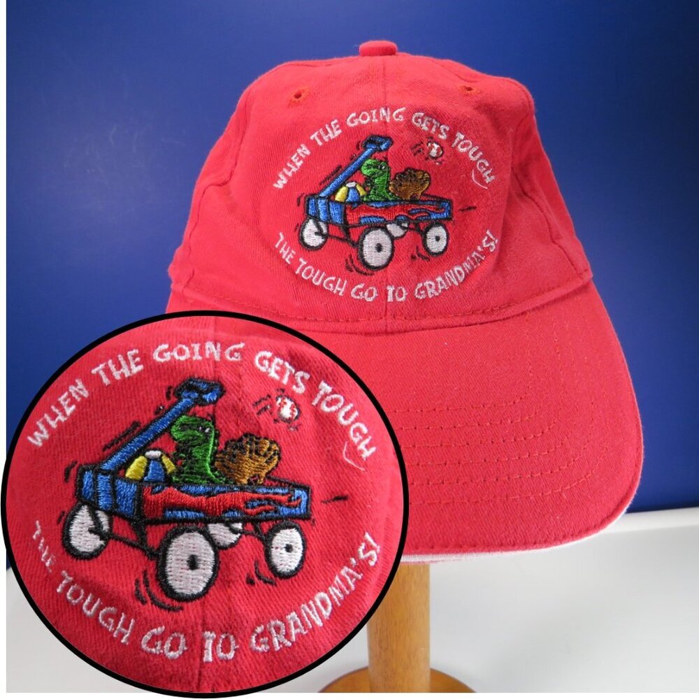 Red Jeans Hat Cap child's embroidered Wagon, Grandma, Toys 2 1/2" hard brim
